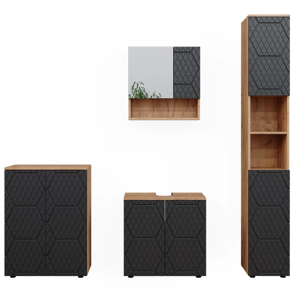 Badmöbel-Set Irma Eiche Anthrazit 4-teilig Hochschrank Kommode ^ Vicco Discount