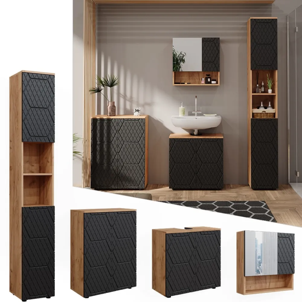 Badmöbel-Set Irma Eiche Anthrazit 4-teilig Hochschrank Kommode ^ Vicco Discount