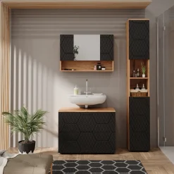 Badmöbel-Set Irma Eiche Anthrazit 3-teilig Hochschrank Waschbeckenschrank 80 cm ^ Vicco