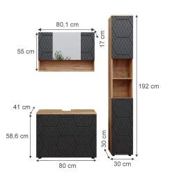Badmöbel-Set Irma Eiche Anthrazit 3-teilig Hochschrank Waschbeckenschrank 80 cm ^ Vicco