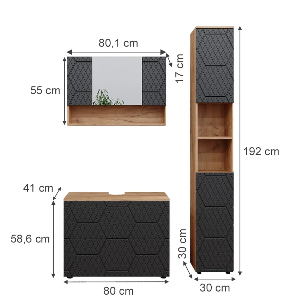 Badmöbel-Set Irma Eiche Anthrazit 3-teilig Hochschrank Waschbeckenschrank 80 cm ^ Vicco