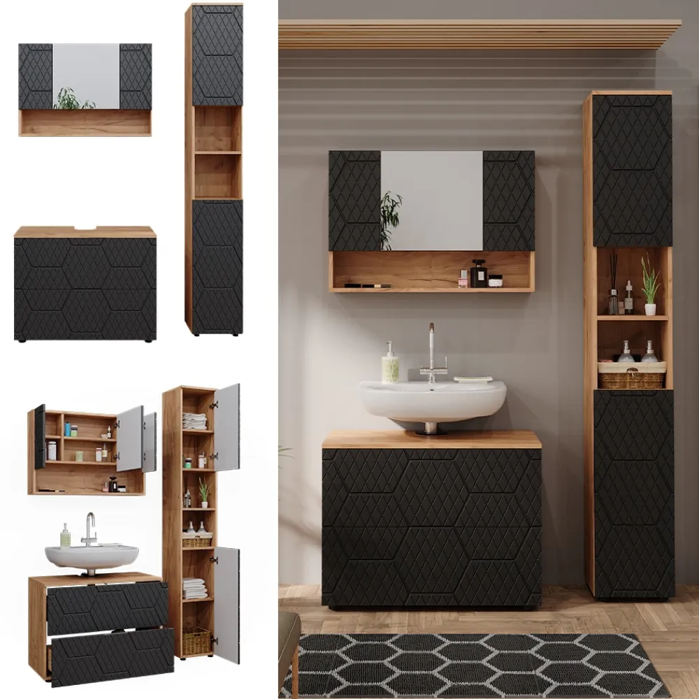 Badmöbel-Set Irma Eiche Anthrazit 3-teilig Hochschrank Waschbeckenschrank 80 cm ^ Vicco