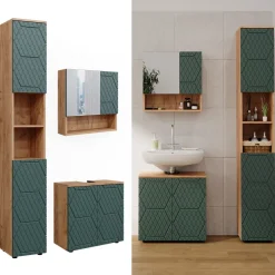 Badmöbel-Set Irma Eiche Grün 3-teilig Hochschrank Waschbeckenschrank 60 cm ^ Vicco Sale