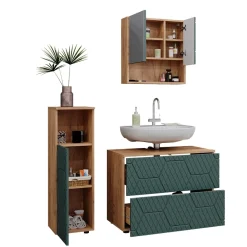 Badmöbel-Set Irma Eiche Grün 4-teilig Midischrank 95 cm Waschbeckenschrank 80 cm ^ Vicco Online