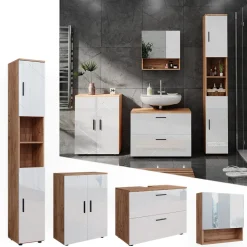 Badmöbelset Irma Eiche Weiß Hochglanz modern Badezimmerschrank Badschrank Badezimmermöbel Waschtischunterschrank Spiegelschrank Kommode Hochschrank Schrankschublade Schranktür Schrankfach ^ Vicco Best