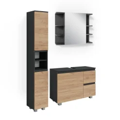 Vicco Badmöbelset J-shape Anthrazit Eiche modern Badezimmer Schrank Badschrank Waschtischunterschrank Spiegelschrank Hochschrank Schranktür Schrankschublade Schrankfach Ablage Aufbewahrung New