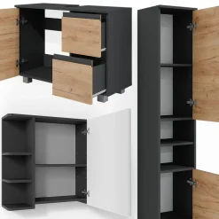 Vicco Badmöbelset J-shape Anthrazit Eiche modern Badezimmer Schrank Badschrank Waschtischunterschrank Spiegelschrank Hochschrank Schranktür Schrankschublade Schrankfach Ablage Aufbewahrung New
