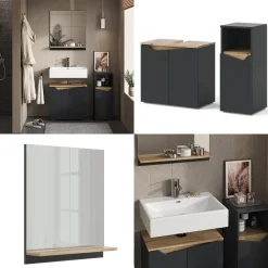 Badmöbel-Set Marelle Anthrazit Eiche 3 Teile Midischrank ^ Vicco Discount