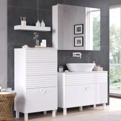 Badmöbel-Set Sola Weiß matt, moderne Serie, Badezimmer, dekorative Front Waschtischunterschrank Spiegelschrank Midischrank ^ Vicco Clearance