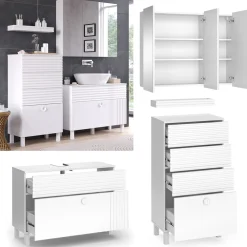Badmöbel-Set Sola Weiß matt, moderne Serie, Badezimmer, dekorative Front Waschtischunterschrank Spiegelschrank Midischrank ^ Vicco Clearance