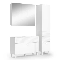 Badmöbel-Set Sola Weiß matt, moderne Serie, Badezimmer, dekorative Front Waschtischunterschrank Spiegelschrank Hochschrank ^ Vicco Online