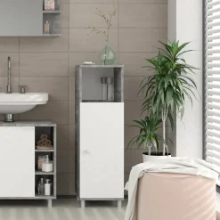 Badschrank FYNN Weiß / Grau Beton - Badezimmerschrank Badregal Midischrank ^ Vicco Online