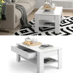 Couchtisch mit Schublade Beistelltisch Kaffeetisch 92,2 x 65 cm Weiß ^ Vicco New