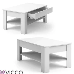 Couchtisch mit Schublade Beistelltisch Kaffeetisch 92,2 x 65 cm Weiß ^ Vicco New
