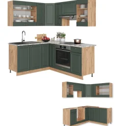 Vicco Eckküche Küchenzeile Einbauküche Fame-Line Landhaus Eiche Grün Gold 190 cm Schubunterschrank Spülenunterschrank Eckunterschrank Herdumbauschrank Hängeglasschrank Hängeschrank Hot