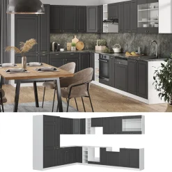 Vicco Eckküche Küchenzeile Einbauküche Fame-Line Landhaus Weiß Anthrazit Gold 257x347 Spülenunterschrank Unterschrank Herdumbauschrank Hängeschrank Kühlumbauschrank Apothekerhochschrank Blende Best