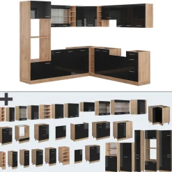 Vicco Eckküche R-Line Solid Eiche Schwarz 247x237 cm modern Küchenschränke Küchenmöbel Clearance