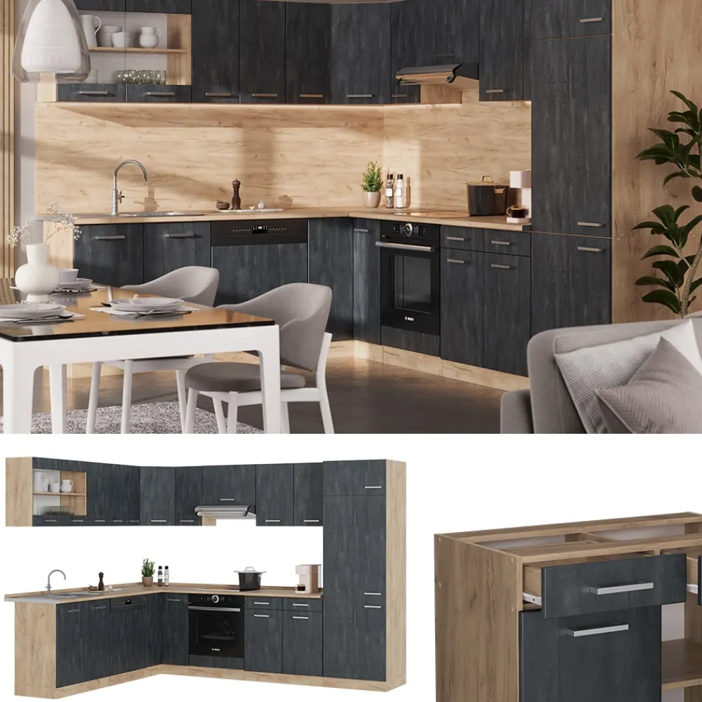 Eckküche R-Line 287x227 cm Schwarz Beton Eiche mit Arbeitsplatte Anthrazit ^ Vicco Discount