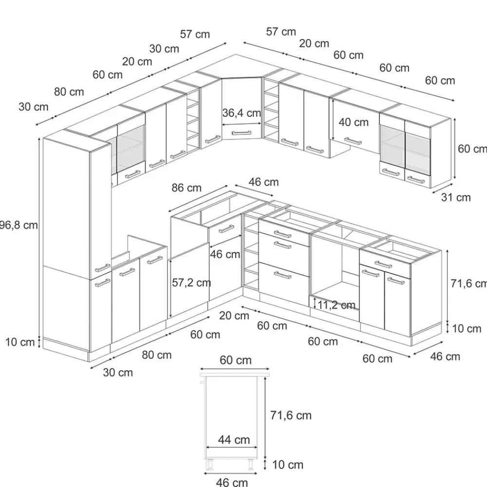 Eckküche R-Line 287x227 cm Schwarz Beton Eiche mit Arbeitsplatte Anthrazit ^ Vicco Discount