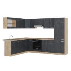 Eckküche R-Line 287x227 cm Schwarz Beton Eiche mit Arbeitsplatte Anthrazit ^ Vicco Discount