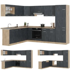 Eckküche R-Line 287x227 cm Schwarz Beton Eiche mit Arbeitsplatte Anthrazit ^ Vicco Discount