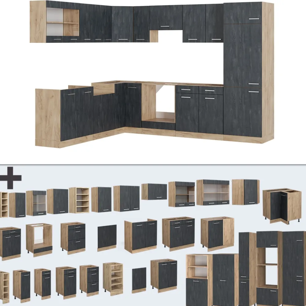 Eckküche R-Line 287x227 cm Schwarz Beton Eiche mit Arbeitsplatte Anthrazit ^ Vicco Discount