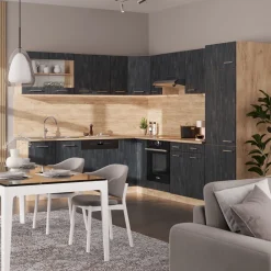 Eckküche R-Line 287x227 cm Schwarz Beton Eiche mit Arbeitsplatte Anthrazit ^ Vicco Discount