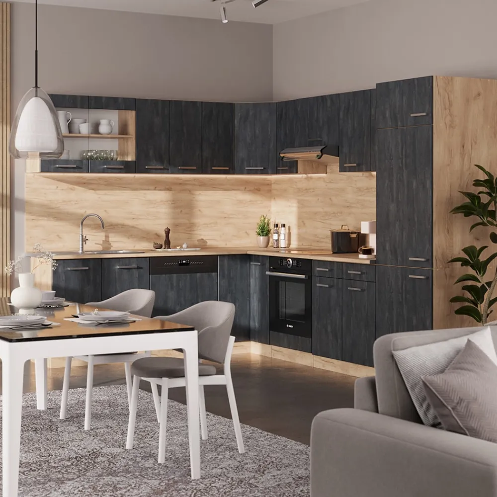 Eckküche R-Line 287x227 cm Schwarz Beton Eiche mit Arbeitsplatte Anthrazit ^ Vicco Discount