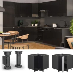 Vicco Eckunterschrank Fame-Line Anthrazit Schwarz gestreift 87 cm mit Arbeitsplatte Eiche Discount