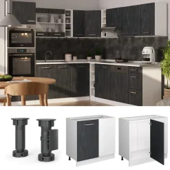 Eckunterschrank R-Line Schwarz Beton Weiß 86 cm mit Arbeitsplatte Anthrazit ^ Vicco Clearance
