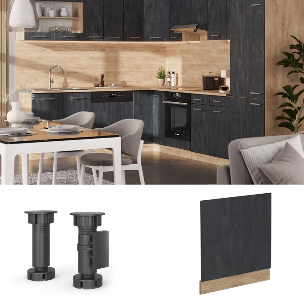 Vicco Geschirrspülerblende R-Line Schwarz Beton Eiche 60 cm mit Arbeitsplatte Anthrazit Hot