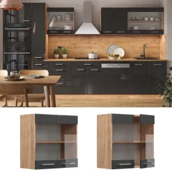 Hängeglasschrank Küchenschrank Küchenzeile R-Line 60 cm Eiche Anthrazit Tür Fächer ^ Vicco Best