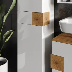 Vicco Hochschrank Badschrank Badezimmermöbel Eden Weiß Artisan modern 40x184 cm Badkommode Badezimmer Schrank Badmöbel 2 Türen Schublade 5 Fächer Hochglanz Outlet