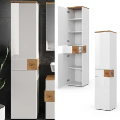 Vicco Hochschrank Badschrank Badezimmermöbel Eden Weiß Artisan modern 40x184 cm Badkommode Badezimmer Schrank Badmöbel 2 Türen Schublade 5 Fächer Hochglanz Outlet