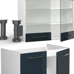 Vicco Küchenzeile Fame-Line Weiß Dunkelblau Hochglanz 240 cm ohne Arbeitsplatte Hot