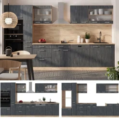Küchenzeile R-Line 350 cm Schwarz Beton Eiche mit Arbeitsplatte Eiche ^ Vicco Clearance