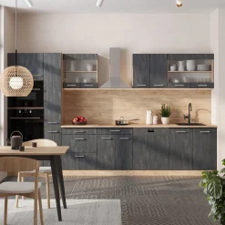 Küchenzeile R-Line 350 cm Schwarz Beton Eiche mit Arbeitsplatte Eiche ^ Vicco Clearance