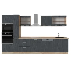 Küchenzeile R-Line 350 cm Schwarz Beton Eiche mit Arbeitsplatte Eiche ^ Vicco Clearance
