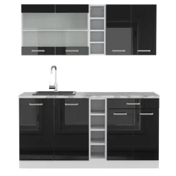 Vicco Küchenzeile R-Line Solid Weiß Schwarz 160 cm Arbeitsplatte modern Küchenschränke Küchenmöbel Hot