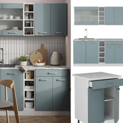 Vicco Küchenzeile R-Line Solid Weiß Blau Grau 160 cm Arbeitsplatte modern Küchenschränke Küchenmöbel Hot