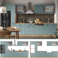 Küchenzeile R-Line Solid Eiche Blau Grau 350 cm modern Küchenschränke Küchenmöbel ^ Vicco Best