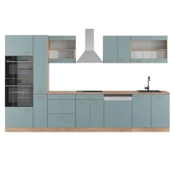 Küchenzeile R-Line Solid Eiche Blau Grau 350 cm modern Küchenschränke Küchenmöbel ^ Vicco Best