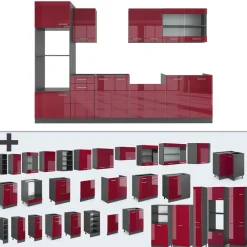 KÜCHE R-LINE 300 CM KÜCHENZEILE KÜCHENBLOCK EINBAUKÜCHE ANTHRAZIT BORDEAUX HOCHGLANZ ^ Vicco