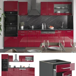 KÜCHE R-LINE 300 CM KÜCHENZEILE KÜCHENBLOCK EINBAUKÜCHE ANTHRAZIT BORDEAUX HOCHGLANZ ^ Vicco