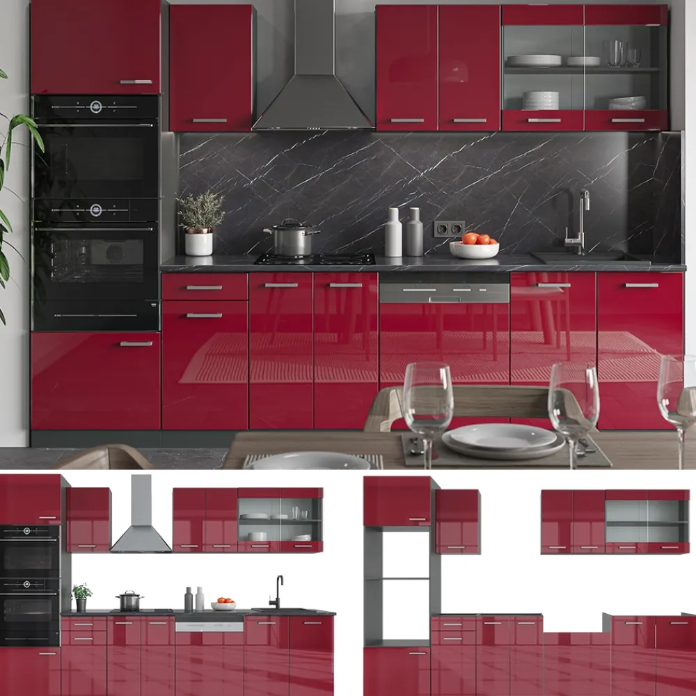KÜCHE R-LINE 300 CM KÜCHENZEILE KÜCHENBLOCK EINBAUKÜCHE ANTHRAZIT BORDEAUX HOCHGLANZ ^ Vicco