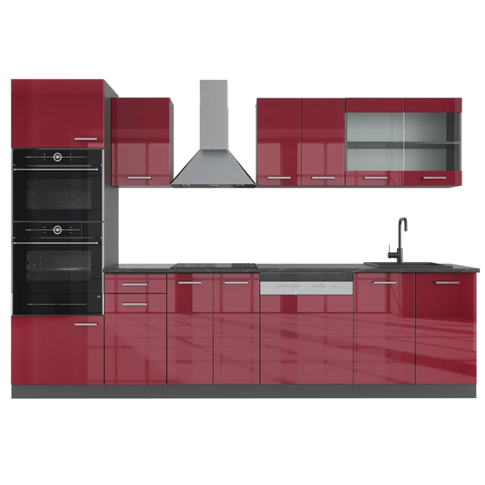 KÜCHE R-LINE 300 CM KÜCHENZEILE KÜCHENBLOCK EINBAUKÜCHE ANTHRAZIT BORDEAUX HOCHGLANZ ^ Vicco