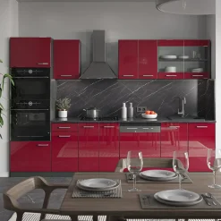 KÜCHE R-LINE 300 CM KÜCHENZEILE KÜCHENBLOCK EINBAUKÜCHE ANTHRAZIT BORDEAUX HOCHGLANZ ^ Vicco