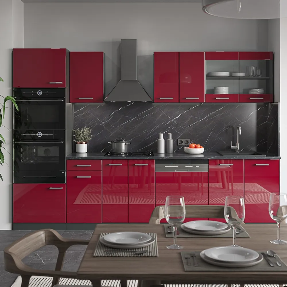 KÜCHE R-LINE 300 CM KÜCHENZEILE KÜCHENBLOCK EINBAUKÜCHE ANTHRAZIT BORDEAUX HOCHGLANZ ^ Vicco