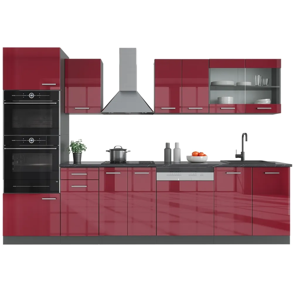 KÜCHE R-LINE 300 CM KÜCHENZEILE KÜCHENBLOCK EINBAUKÜCHE ANTHRAZIT BORDEAUX HOCHGLANZ ^ Vicco