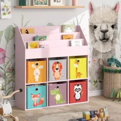 Kinderbücherregal Luigi 107 x 114 cm, Rosa, Kinderzimmerregal, Fächer, Faltboxen ^ Vicco Hot